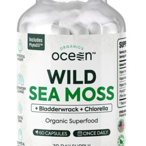 Organics Ocean Wild Sea Moss Capsules - 100% Organic Irish Sea Moss with Organic Chlorella, Bladderwrack and Vitamin D for Energy, Lung Health and Thyroid Support for Women and Men - 60 Capsules