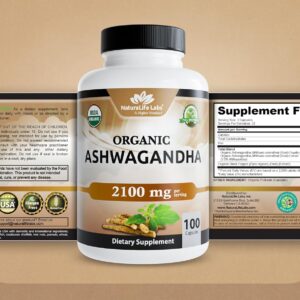 NaturaLife Labs Organic Ashwagandha 2100 mg per Serving – Root Powder & Extract – 100 Capsules – Vegan, Non-GMO, Gluten-Free